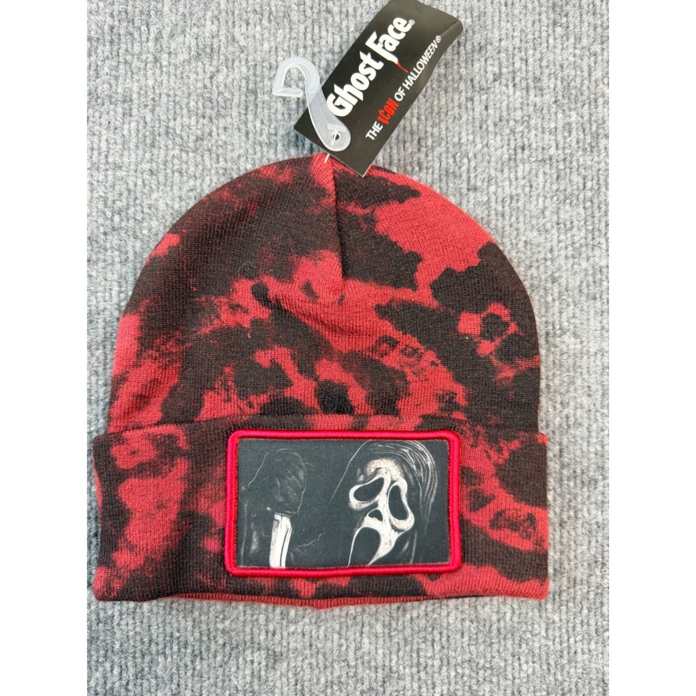 Ghost Face Scream Beanie‎ Red Black Tie Dye Sublimated Patch Knit Hat New NWT